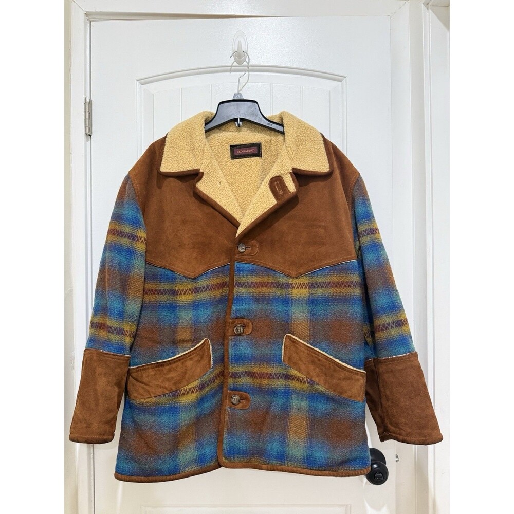 Leonardo VTG Jacket Flannel Suede Leather Italy Sz 50 XL Plaid Sherpa Western